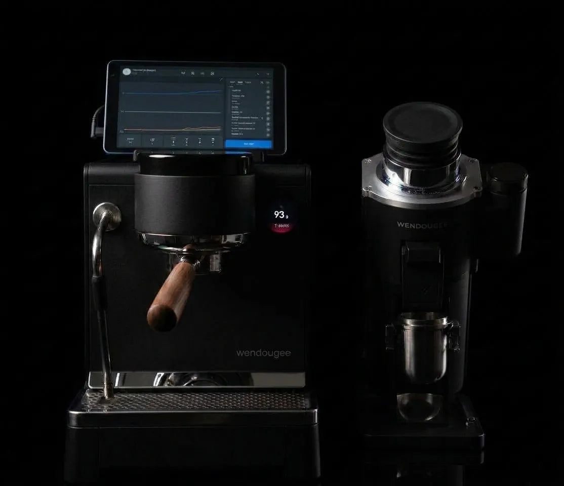 Wendougee LITA and MILO connected to each other through Wendougee E-Bar App that it open on tablet on the top of the Wendougee LITA BA espresso vellutto.eumachine
