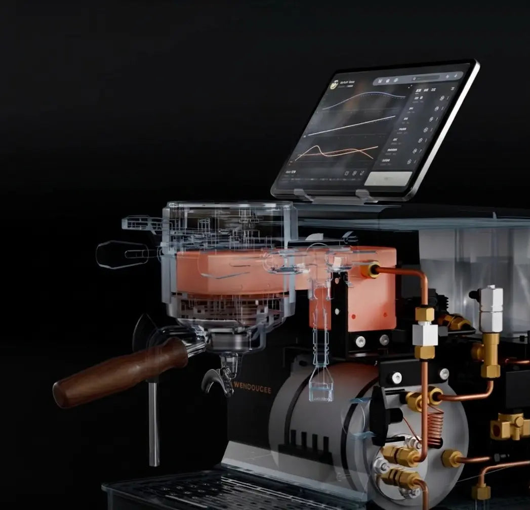 the Wendougee DATA S espresso machine with transparent side panel showing the 0,8L Saturated 316L stainless-steel group head on the Wendougee DATA S, with the copper piping and water connections inside the Wendougee DATA S on a black background, that gives extreme thermal stability during extra extraction vellutto.eu