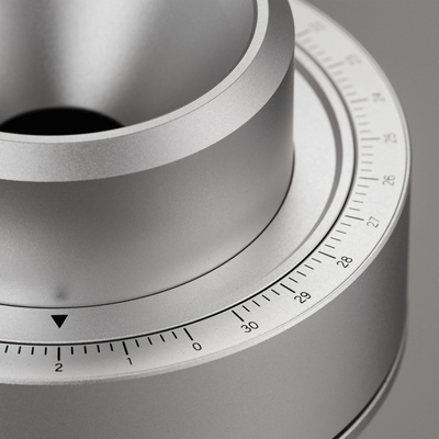 Close-up of the grind collar on the WPM ZP1 Single Dose Grinder, showing precise measurement markings.